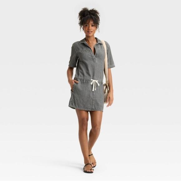 Universal Threads Short Sleeve Drop Waist Drawstring Mini Dress Black Gray Denim - Picture 3 of 7